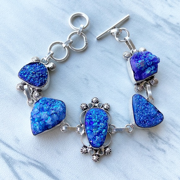 925 Sterling silver blue druzy quartz bracelet - Picture 2 of 9